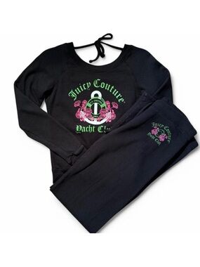 VINTAGE JUICY COUTURE Yacht Club BLACK TRACKSUIT LOW BACK SWEATER AND TRACK PANT